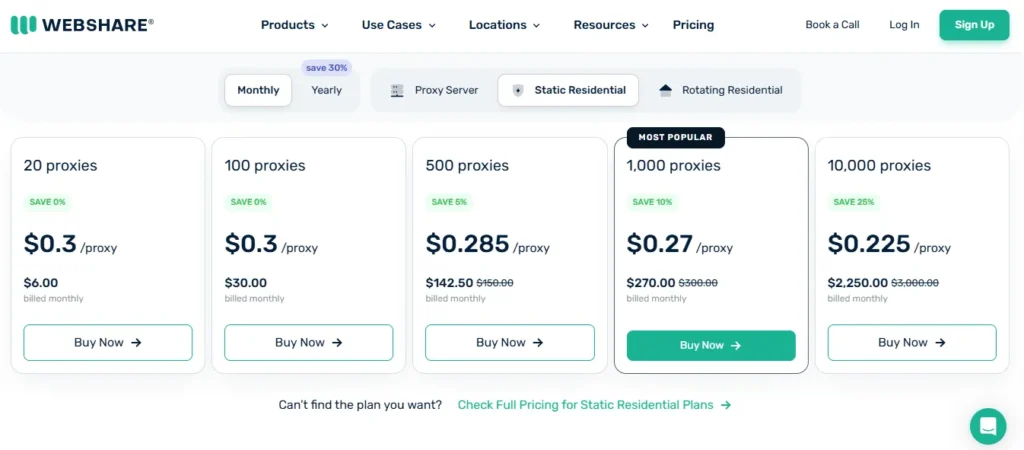 Webshare Static Residential (ISP) Pricing